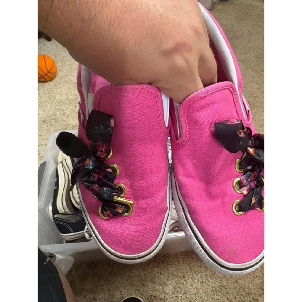 Vans Pink Slip On Sneakers Floral Ribbon Lace Up Low Top Shoes Womens 6.5 - Picture 2 of 5